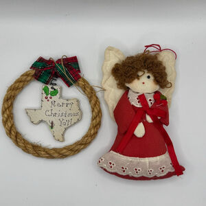 Vintage Holiday Decor Set of 2 Red White Angel Texas Wreath Ornaments